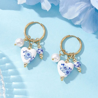 Сердце 304 нержавеющей стали серьги обруча, с фарфоровыми бусинами и бусинами из культивированного пресноводного жемчуга