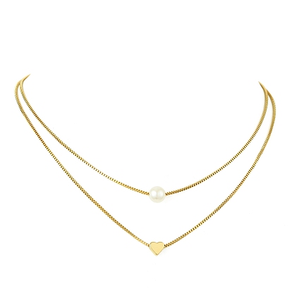 Brass Double Layer Necklace, Acrylic Beads & Heart Charm for Women