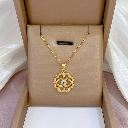 Brass Crystal and Capri Blue Rhinestone Evil Eye Pendant 304 Stainless Steel Dapped Chain Necklaces for Women