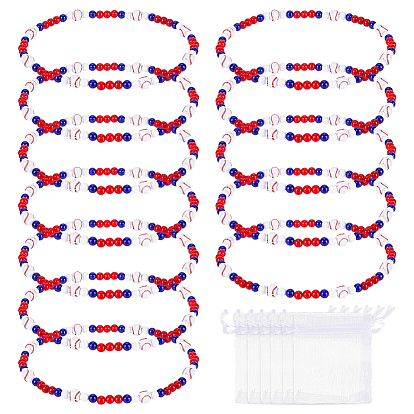 6шт. акриловые круглые бусины с рисунком в виде бейсбольной тематики, с подарочными пакетами из органзы, синий и белый