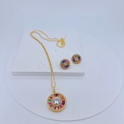 Плоские круглые латунные серьги-гвоздики с цветными кубическими цирконами и комплекты ожерелий с подвесками