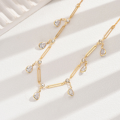 Элегантные латунные ожерелья с подвеской в виде кисточки с прозрачными кубическими цирконами и геометрической каплей воды для ежедневного ношения женщинами