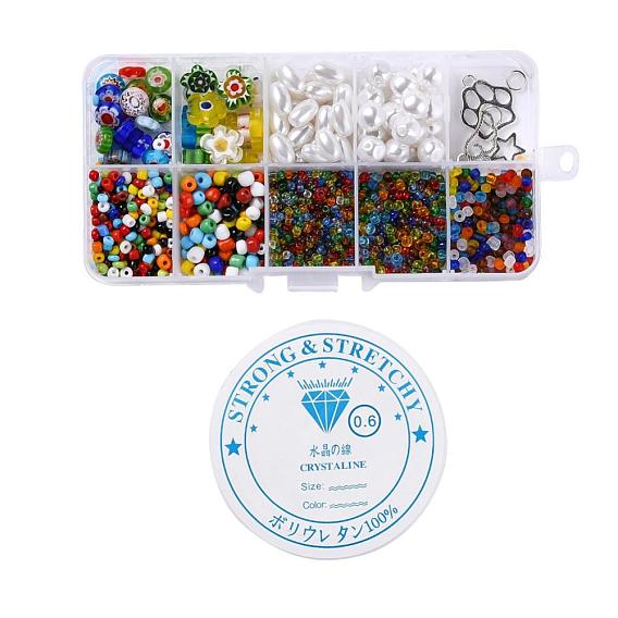 DIY Bracelet Jewelry Set Making, Flat Round & Flower Glass Beads with Geometry ABS Plastic Pearl Beads, Iron Findings, Glass Seed Beads, Alloy Charms, Zinc Alloy Pendants and Elastic Crystal Thread