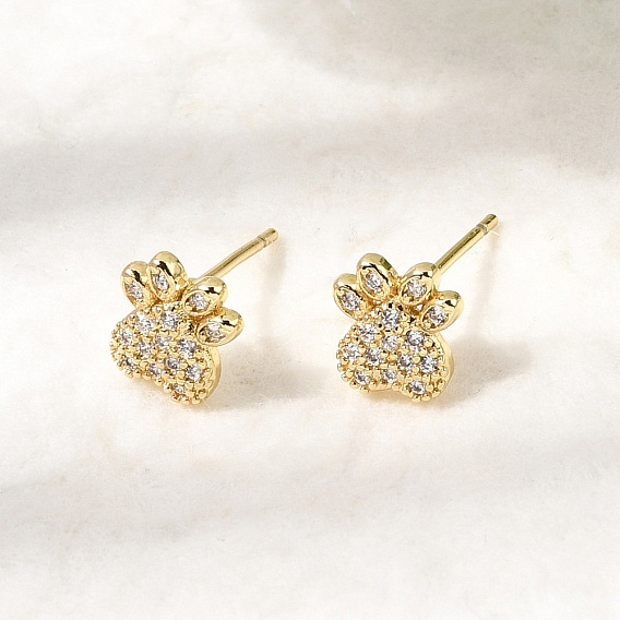 Серьги-гвоздики из латуни с микропаве в виде отпечатков лап и прозрачными кубическими циркониями., без кадмия и без свинца, долговечный, стойки покрытие