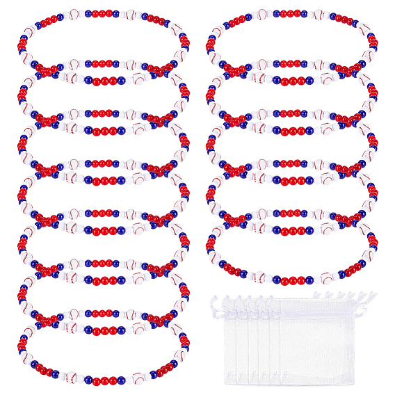 6шт. акриловые круглые бусины с рисунком в виде бейсбольной тематики, с подарочными пакетами из органзы, синий и белый