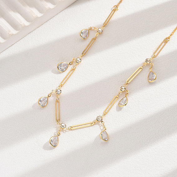 Элегантные латунные ожерелья с подвеской в виде кисточки с прозрачными кубическими цирконами и геометрической каплей воды для ежедневного ношения женщинами