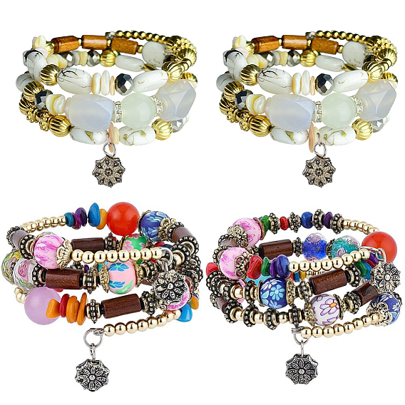 4 Stück 2 Farben Boho-Armband mit mehrsträngigen, unregelmäßigen, synthetischen Türkisperlen, Blumenarmband, Armband aus Holz und runden Blumenperlen, ethnischer Schmuck für Frauen, Antik Golden