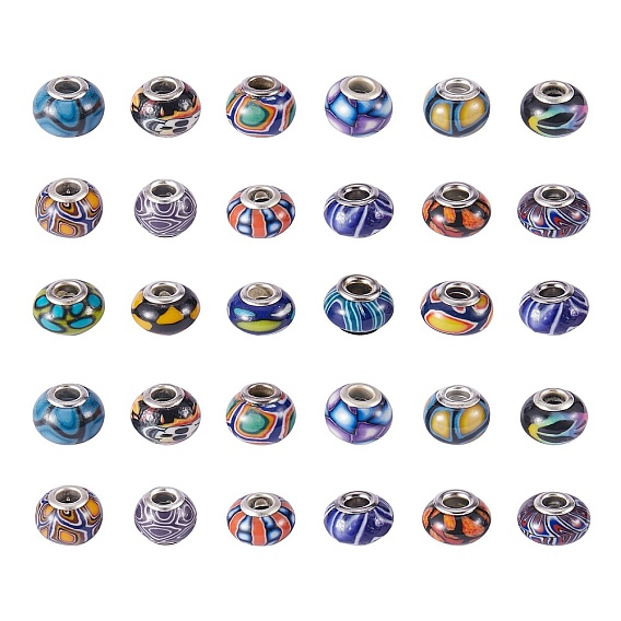 34Pcs 17 Colors Handmade Polymer Clay European Beads, Large Hole Beads, Rondelle