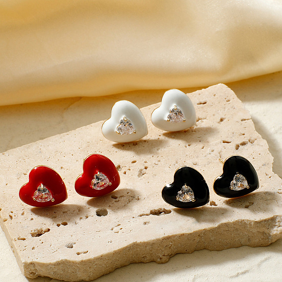 Серьги-гвоздики в форме сердца из латуни с кубическим цирконием, с эмалью, модное ювелирное украшение