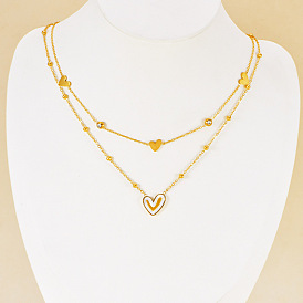 304 Двухслойные ожерелья для женщин с подвеской в форме сердца из нержавеющей стали с прозрачными и черными кубическими цирконами и натуральными белыми ракушками