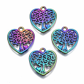 Hollow Rainbow Color Alloy Pendants, Cadmium Free & Lead Free, Heart with Tree