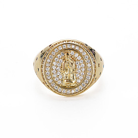 Rond plat en zircone cubique colorée avec anneau de manchette à large bande de jésus, chevalière en laiton pour femme, sans nickel