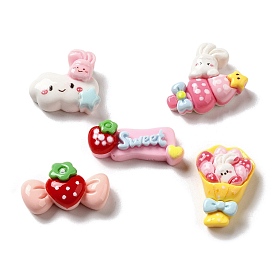 Opaque Cartoon Resin Decoden Cabochons, Rabbit with Cloud & Strawberry Candy & Rabbit with Strawberry, Mixed Shapes