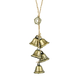 Iron Witch Bell Wind Chime, Flat Round with Star Alloy Charm and Jute Cord Home Outdoor Hanging Decorations