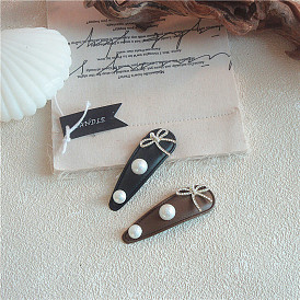 Pearl Butterfly Bow Hair Clip - Simple PU Leather, Elegant, Side Clip.
