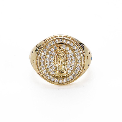 Rond plat en zircone cubique colorée avec anneau de manchette à large bande de jésus, chevalière en laiton pour femme, sans nickel