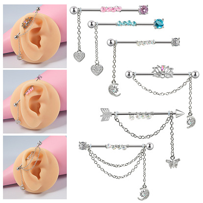 304 Двойные серьги-подвески из нержавеющей стали с кубическим цирконием для пирсинга хряща, цвет нержавеющей стали