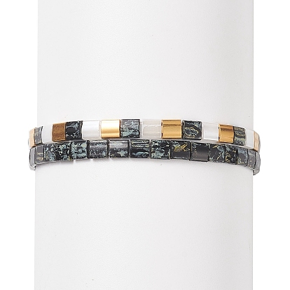 2Pcs 2 Style Glass Seed Rectangle Beaded Stretch Bracelets Set, Tile Bracelets for Women