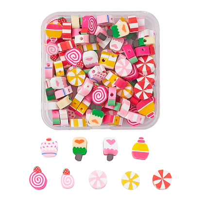 90Pcs 9 Style Handmade Polymer Clay Beads, Cake with Strawberry & Flat Round & Cake & Ice Cream