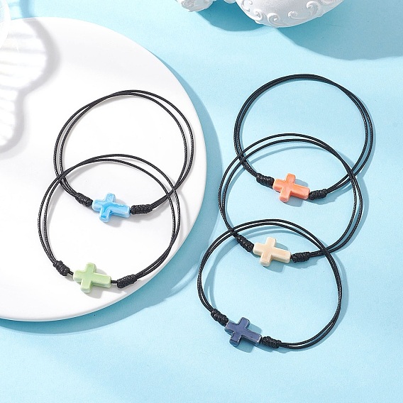 Регулируемые браслеты из фарфоровых бусин ручной работы, Экологичный корейский вощеный полиэстеровый шнур плетеный для женщин, крест прелести