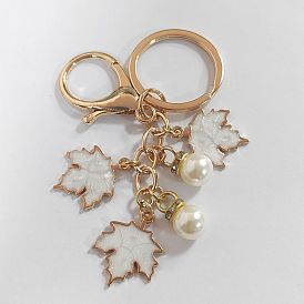 Alloy Enamel Keychain, with Plastic Imitation Pearl Pendants, Iron Ring and Alloy Lobster Claw Clasps, Maple Leaf