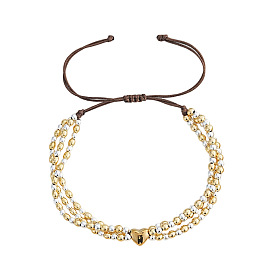 Двухцветные регулируемые браслеты из латунных бусин, плетеные нейлоновые браслеты для женщин, сердце и круглый