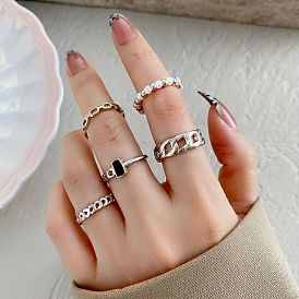 Vintage Pearl Ring Set with Chic Black Square Chain and Round Beads - 5 Pieces