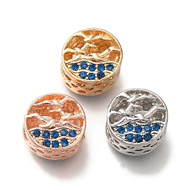 Rack Plating Alloy Rhinestone European Beads, Large Hole Beads, Flat Round with Ocean Wavy Seagull