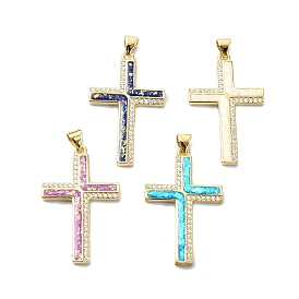Brass Micro Pave Clear Cubic Zirconia Pendants, with Sythetic Opal, Cross, Real 18K Gold Plated