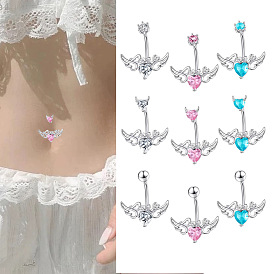 304 изогнутые кольца для живота с подвеской из нержавеющей стали и кубическим цирконием, сердце с крыльями ангела