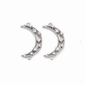 Brass Micro Pave Clear Cubic Zirconia Connector Charms, Nickel Free, Moon