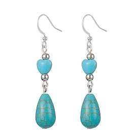 Teardrop & Heart Synthetic Turquoise Dangle Earrings, Silver Plated Brass Earring for Women