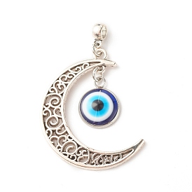 Alloy Hollow Moon 2-Loop Link Big Pendants, with Resin Evil Eye and Alloy Bail Beads, Antique Silver, Cadmium Free & Lead Free