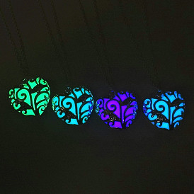 Collier pendentif cage coeur en alliage avec pierre de luminaires synthétiques, bijoux phosphorescents pour femmes, argenterie
