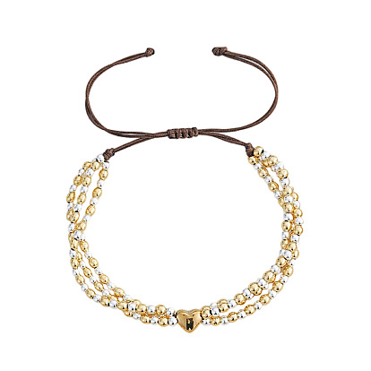 Двухцветные регулируемые браслеты из латунных бусин, плетеные нейлоновые браслеты для женщин, сердце и круглый