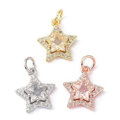 Brass Cubic Zirconia Charms, with Jump Ring, Long-Lasting Plated, Lead Free & Cadmium Free, Star