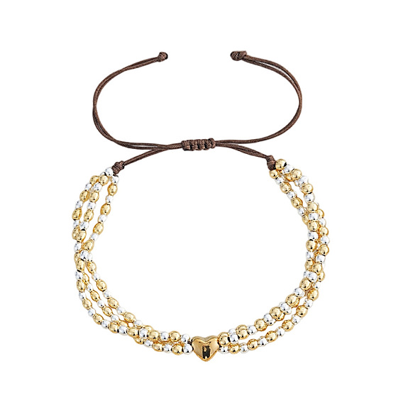 Bracelets ajustables en perles de laiton bicolores, bracelets en cordon de nylon tressé pour femmes, coeur et rond