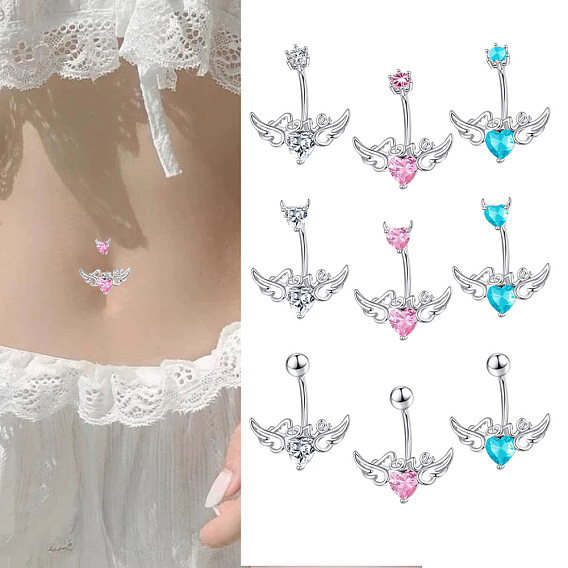 304 изогнутые кольца для живота с подвеской из нержавеющей стали и кубическим цирконием, сердце с крыльями ангела
