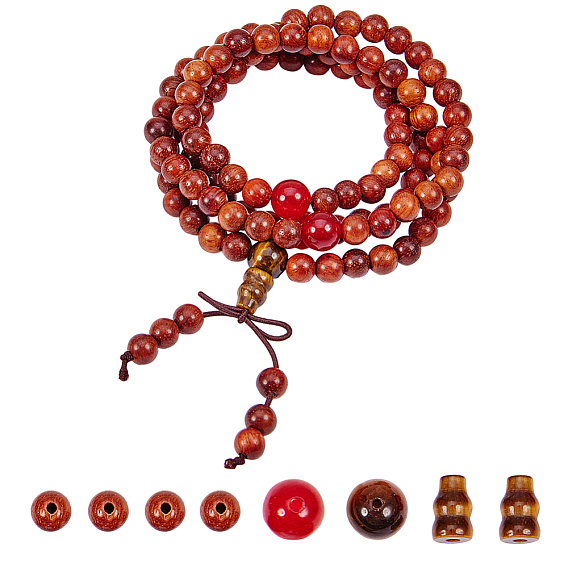 DIY Bracelet Making, with Round Elastic Cord, with Fibre Outside and Rubber Inside, Natural Wood Beads, Natural Tiger Eye Buddhist Beads and Natural Malaysia Jade Beads