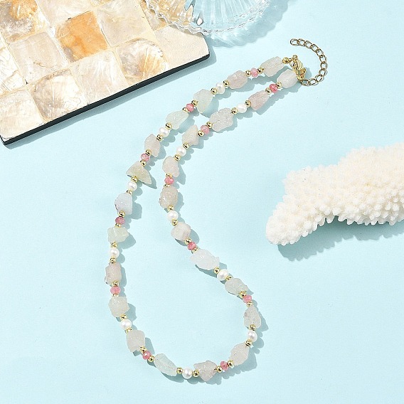 Raw Natural Madagascar Rose Quartz & Dyed Pink Faceted Rondell Malaysia Jade & Pearl Beaded Necklaces for Women, with 304 Stainless Steel End Chains