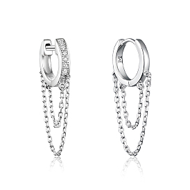 304 Stainless Steel Clear Cubic Zirconia Tassel Hoop Earrings, Chain Charm