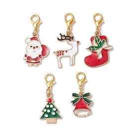 5pcs décorations de pendentif en alliage émaillé de Noël, fermoirs à pinces de homard, breloques pour ornements de sacs