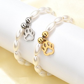 304 Браслеты из нержавеющей стали с подвесками в виде отпечатков лап для женщин, с пластиковыми бусинами из искусственного жемчуга