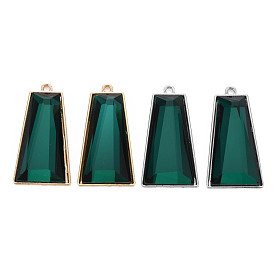 Faceted Glass Pendants, with Alloy Open Back Settings, Trapezoid, Cadmium Free & Lead Free, Green