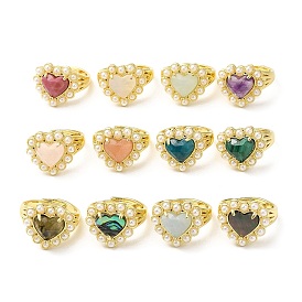 Natural Mixed Gemstone Heart Adjustable Ring with Plastic Pearl Beaded, Real 14K Gold Plated Brass Jewelry