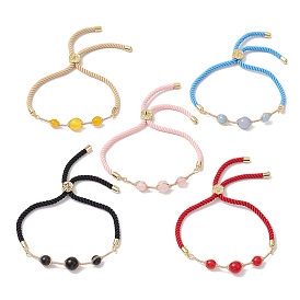 Natural Mixed Gemstone Round Beaded Slider Bracelets, with Nylon Twisted Cords