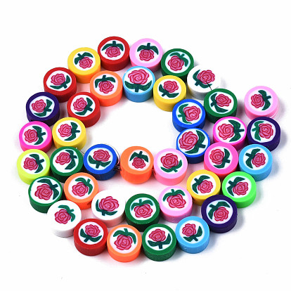 Handmade Polymer Clay Beads Strands, Flat Round with Rose