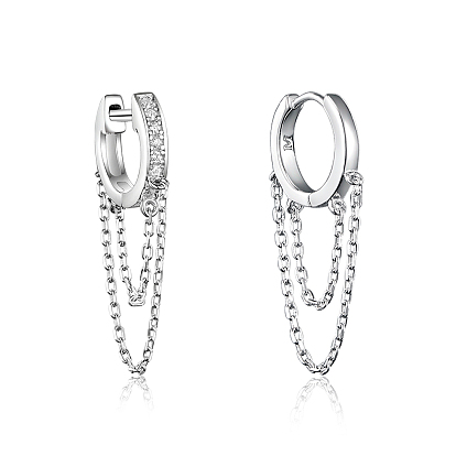304 Stainless Steel Clear Cubic Zirconia Tassel Hoop Earrings, Chain Charm