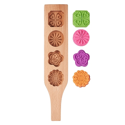 Star & & Flower & Flat Round & Square Wooden Press Mooncake Molds, 4 Cavities Pastry Molds, Cake Molds
