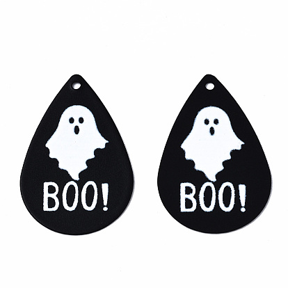 Spray Painted Iron Pendants, Rubberized Style, 3D Printed,  Halloween Ghost with Word BOO Print Pattern, Teardrop